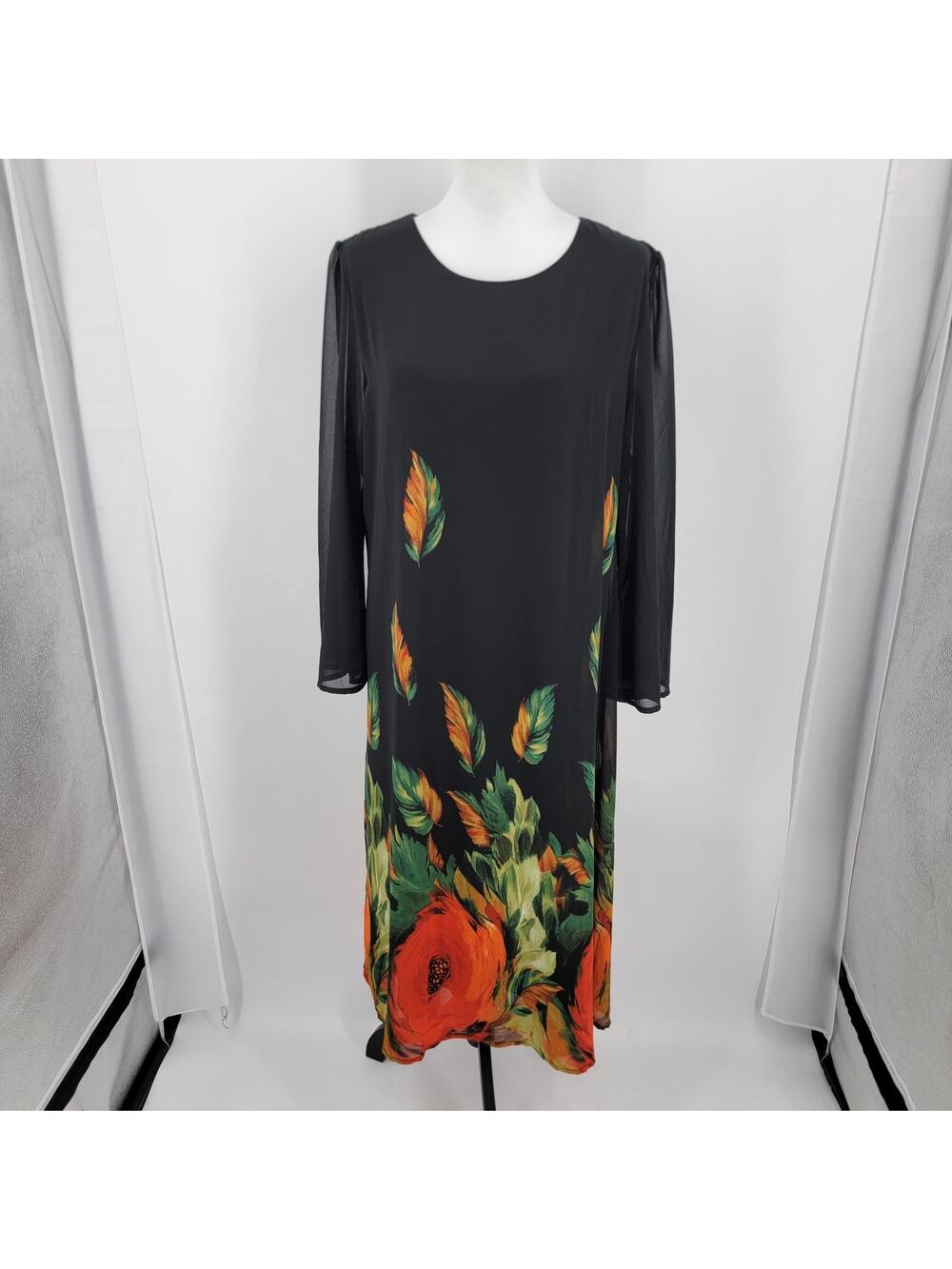 Serengeti Dress Womens Large Black Floral Maxi Lined Sheer Sleeves